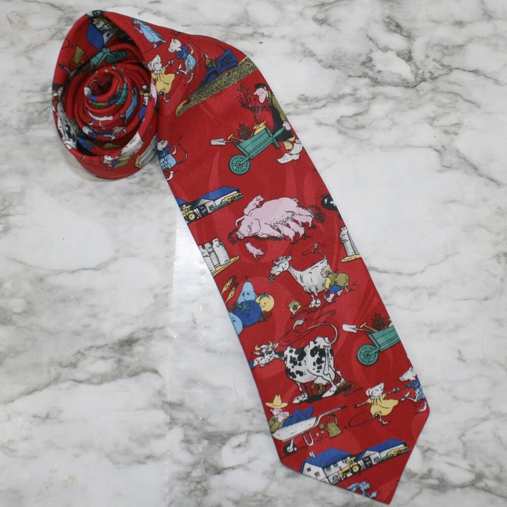 TREND CORNER Necktie Farmer Cow Chores Country Farm Animals Novelty Neck Tie Red